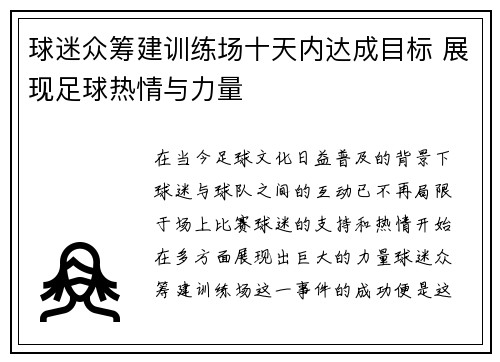 球迷众筹建训练场十天内达成目标 展现足球热情与力量