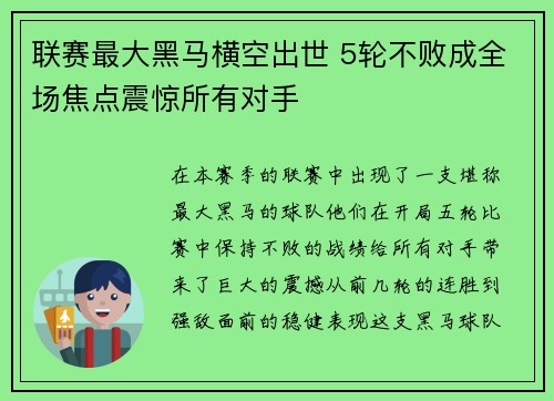 联赛最大黑马横空出世 5轮不败成全场焦点震惊所有对手