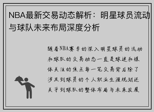 NBA最新交易动态解析:明星球员流动与球队未来布局深度分析 NBA最新交易动态解析:明星球员流动与球队未来布局深度分析
